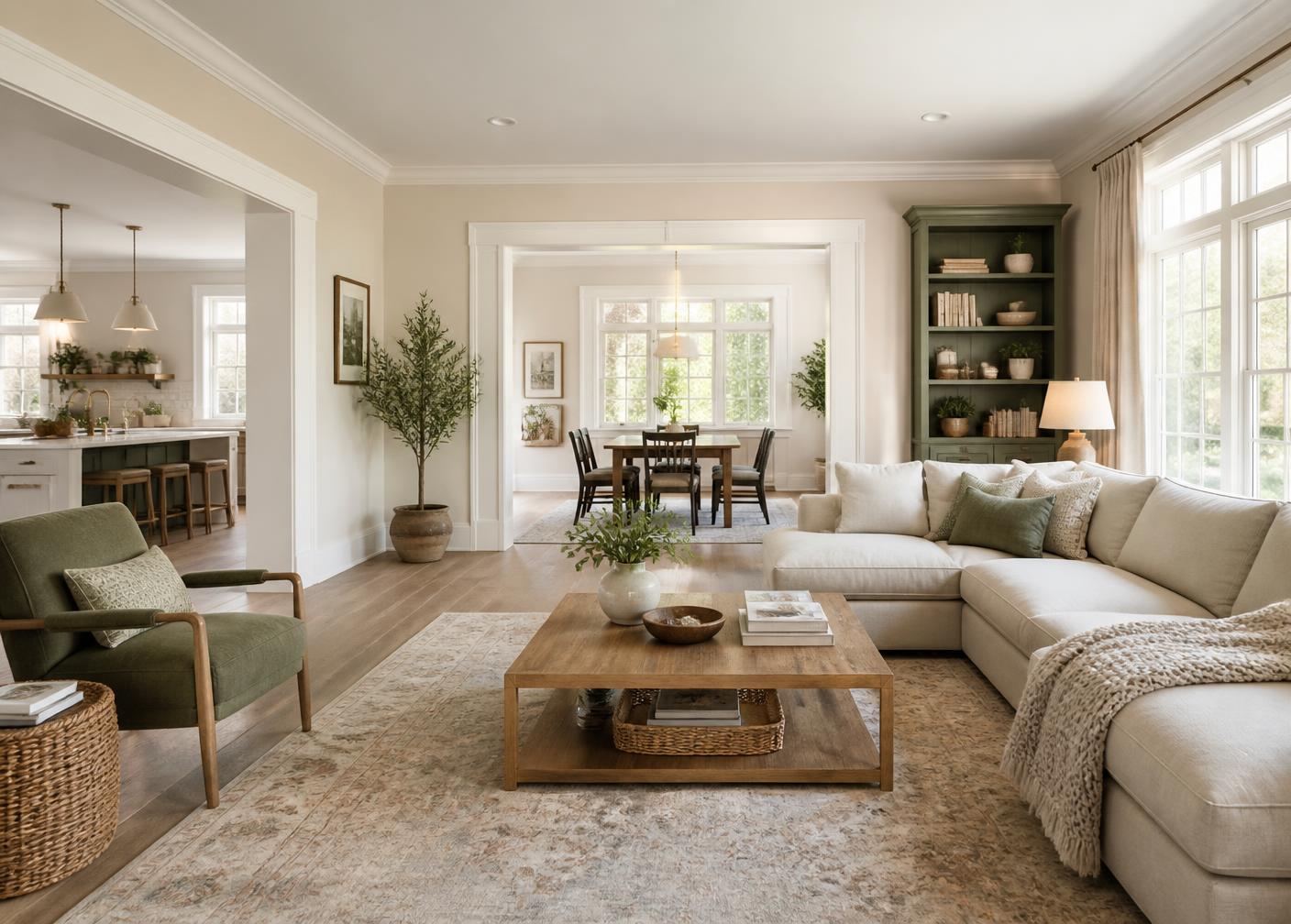 Bright open-plan living room with wide walkways in a comfortable family home