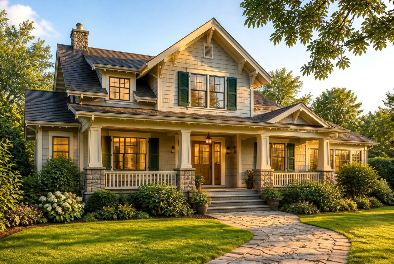 Welcoming home exterior surrounded by a landscaped garden