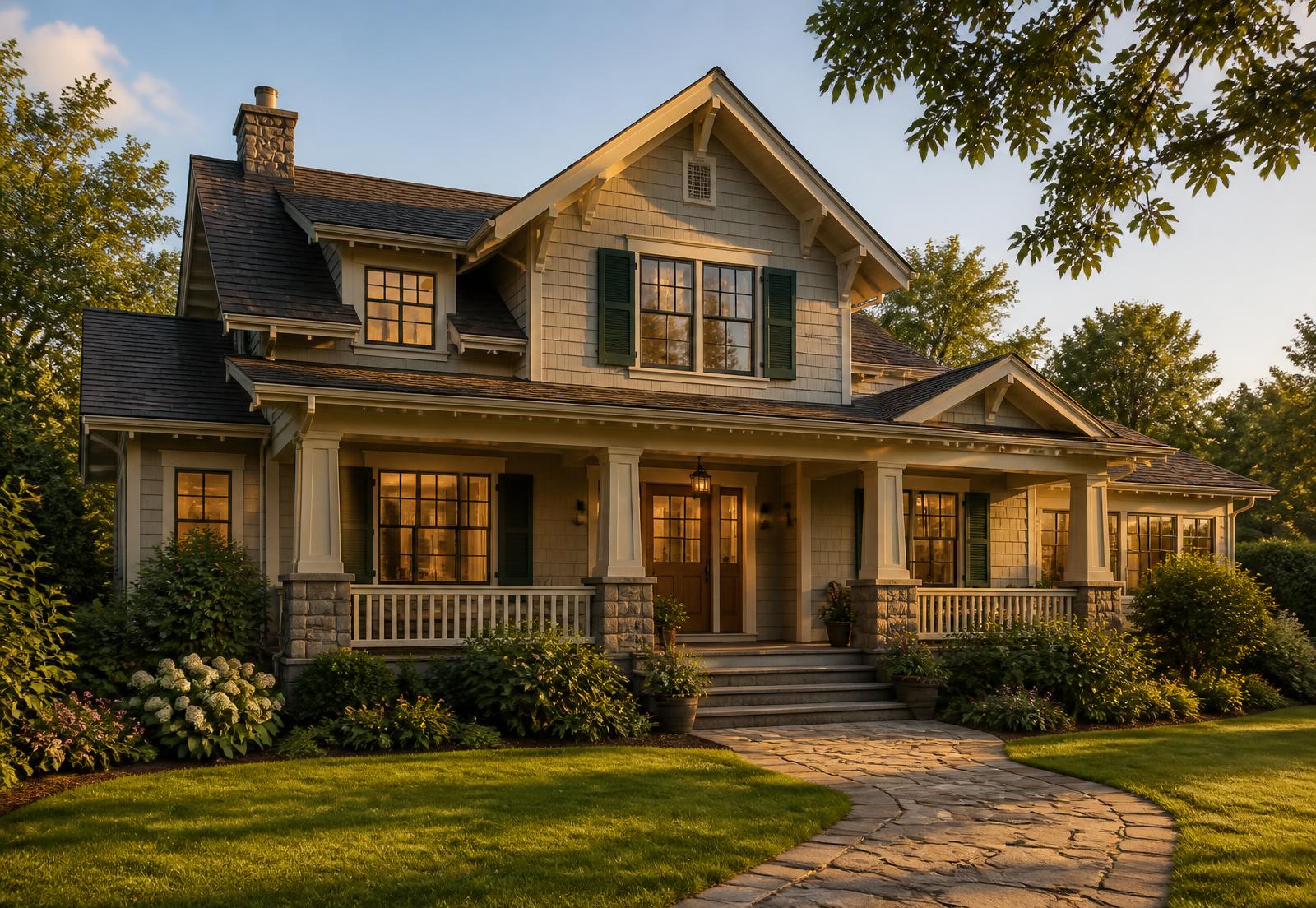 Craftsman-style home exterior with a well-maintained roof at golden hour