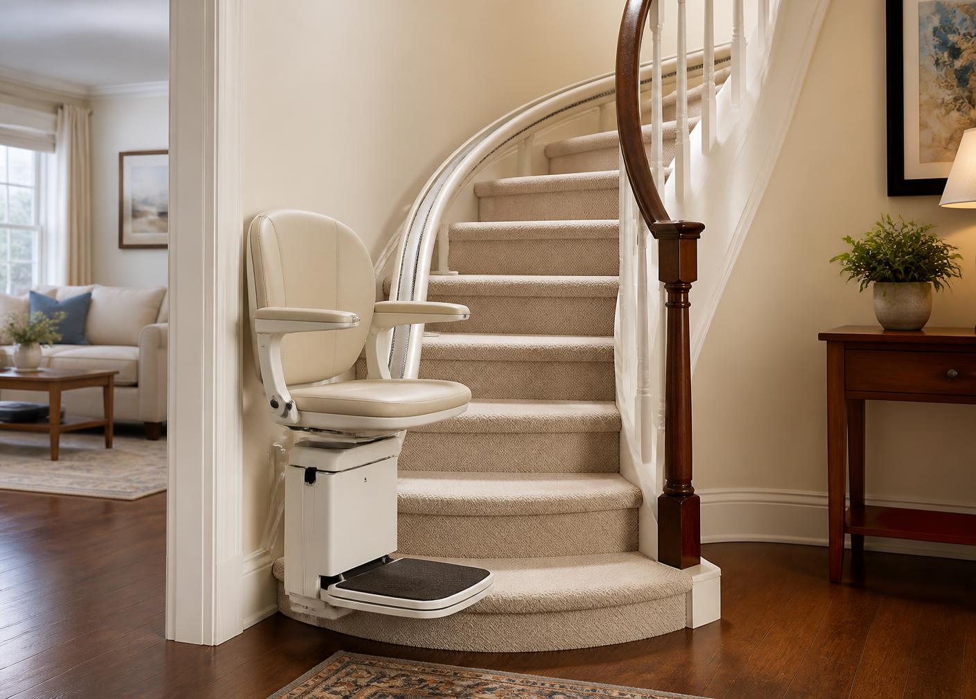 Stairlift installed along a curved staircase in a bright home