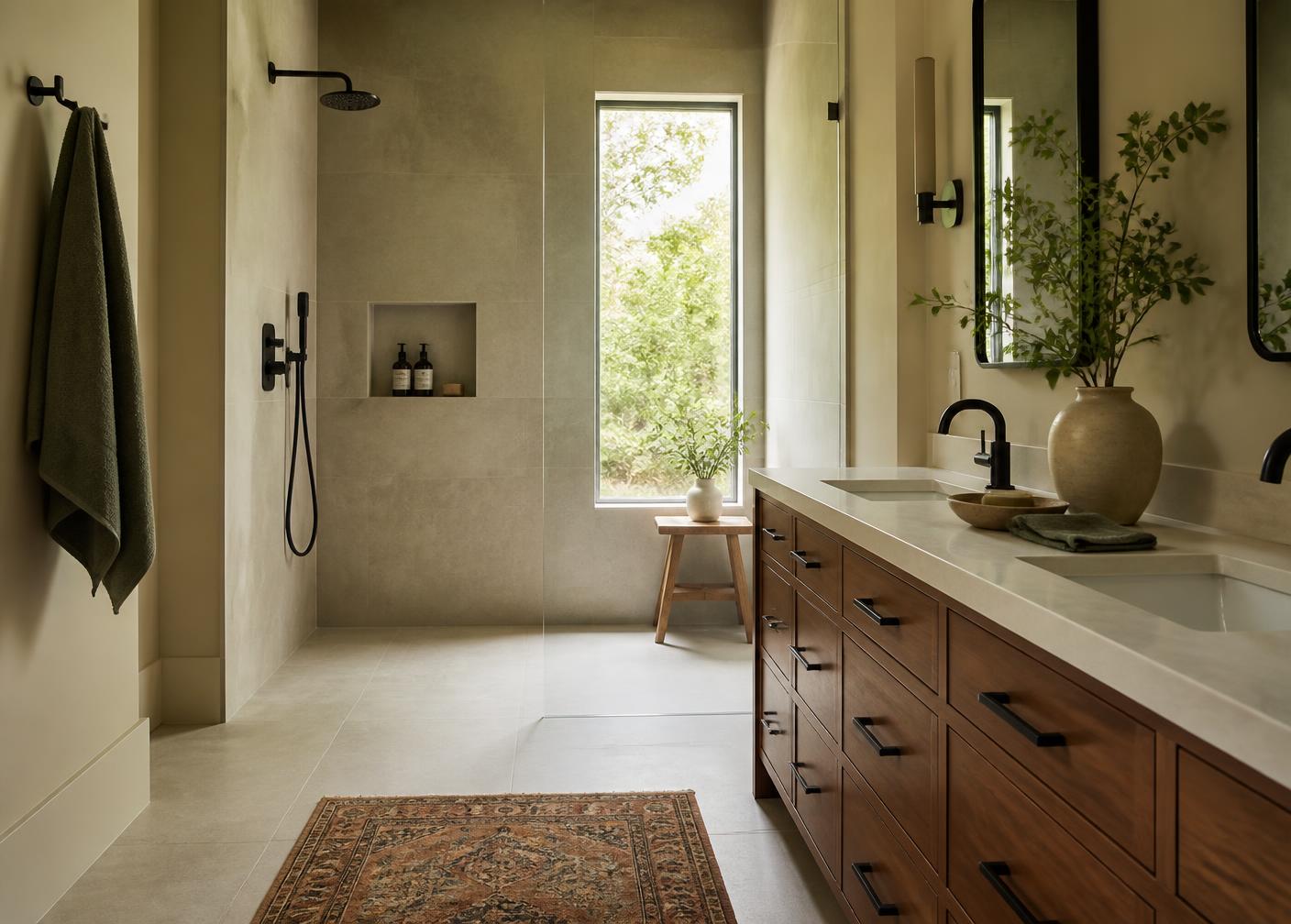 Remodeled bathroom with a curbless walk-in shower and wood vanity