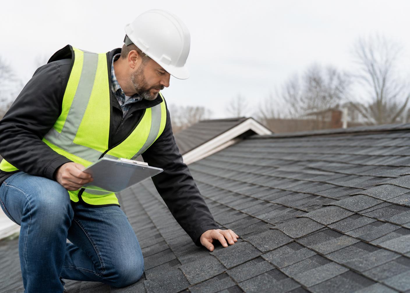 Roofing professional inspecting shingles on a residential roof